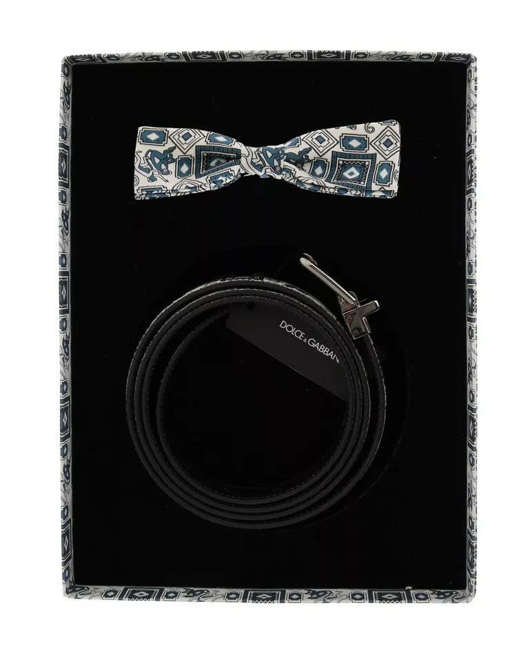 Dolce & Gabbana White Blue Silk Bowtie Leather Belt Gift Box Set -   -  Dolce & Gabbana.