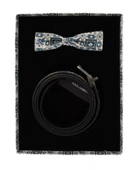 Dolce & Gabbana White Blue Silk Bowtie Leather Belt Gift Box Set -   -  Dolce & Gabbana.