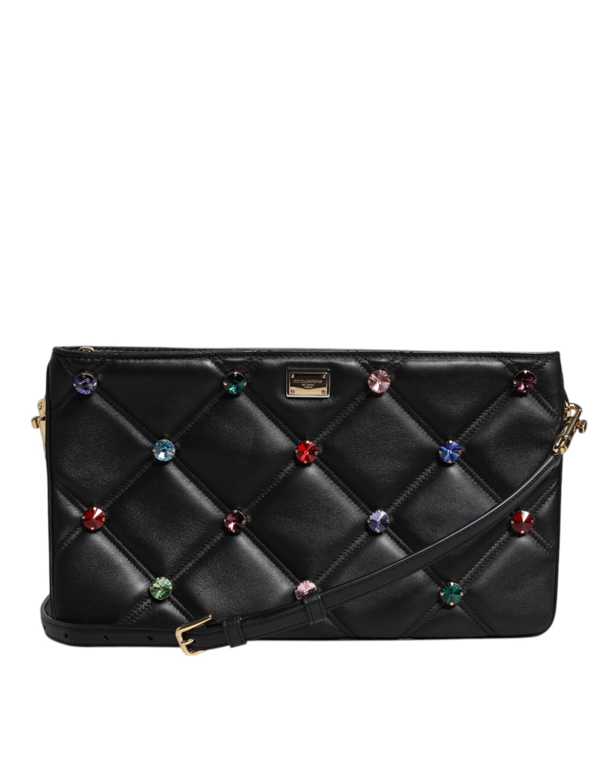 Dolce & Gabbana Black Leather Crystal Embellished Logo Shoulder Bag -   -  Dolce & Gabbana.