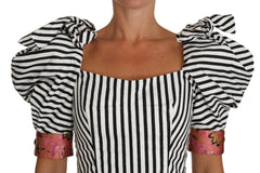 Dolce & Gabbana White Black Striped Cropped Top Puff Sleeve Shirts -   -  Dolce & Gabbana.