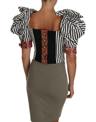 Dolce & Gabbana White Black Striped Cropped Top Puff Sleeve Shirts -   -  Dolce & Gabbana.