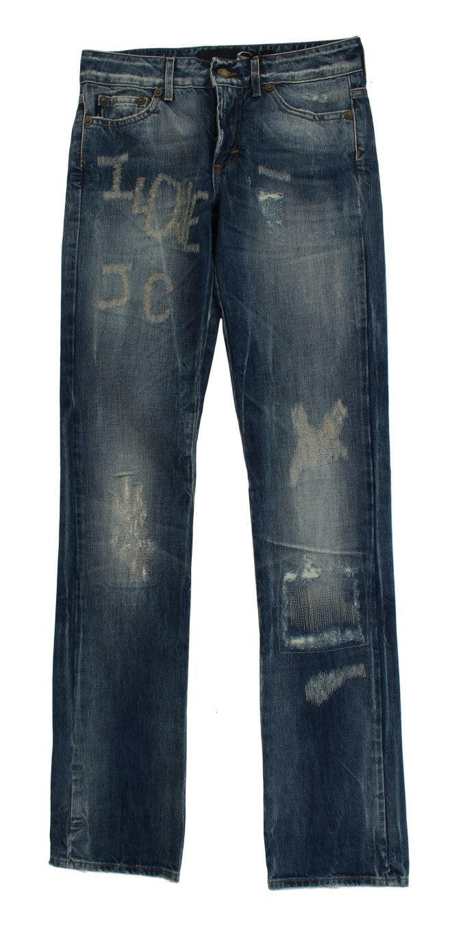 Cavalli Blue Wash Torn Cotton Straight Fit Jeans -   -  Cavalli.