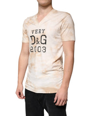 Dolce & Gabbana Beige Graphic Print Cotton V-neck T-shirt -   -  Dolce & Gabbana.