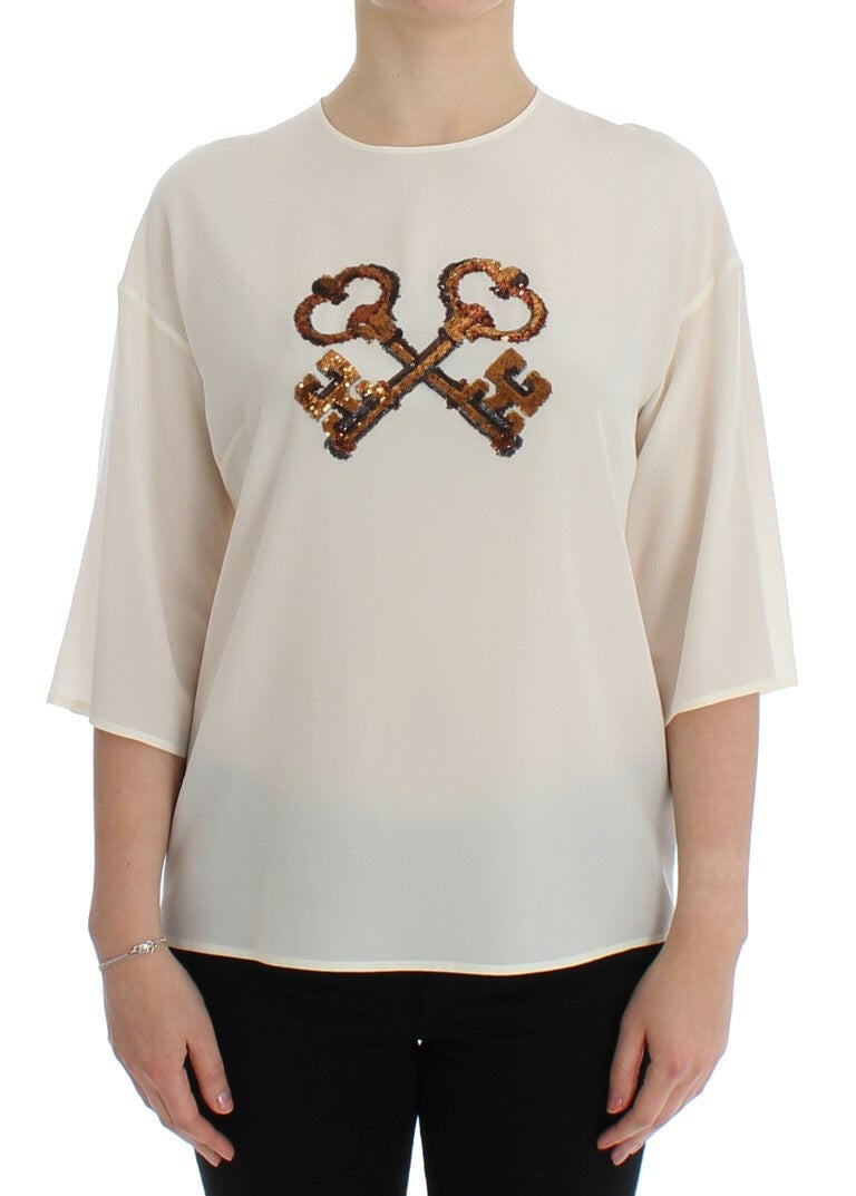 Dolce & Gabbana White Sequined Key Silk Blouse T-shirt Top -   -  Dolce & Gabbana.