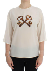 Dolce & Gabbana White Sequined Key Silk Blouse T-shirt Top -   -  Dolce & Gabbana.