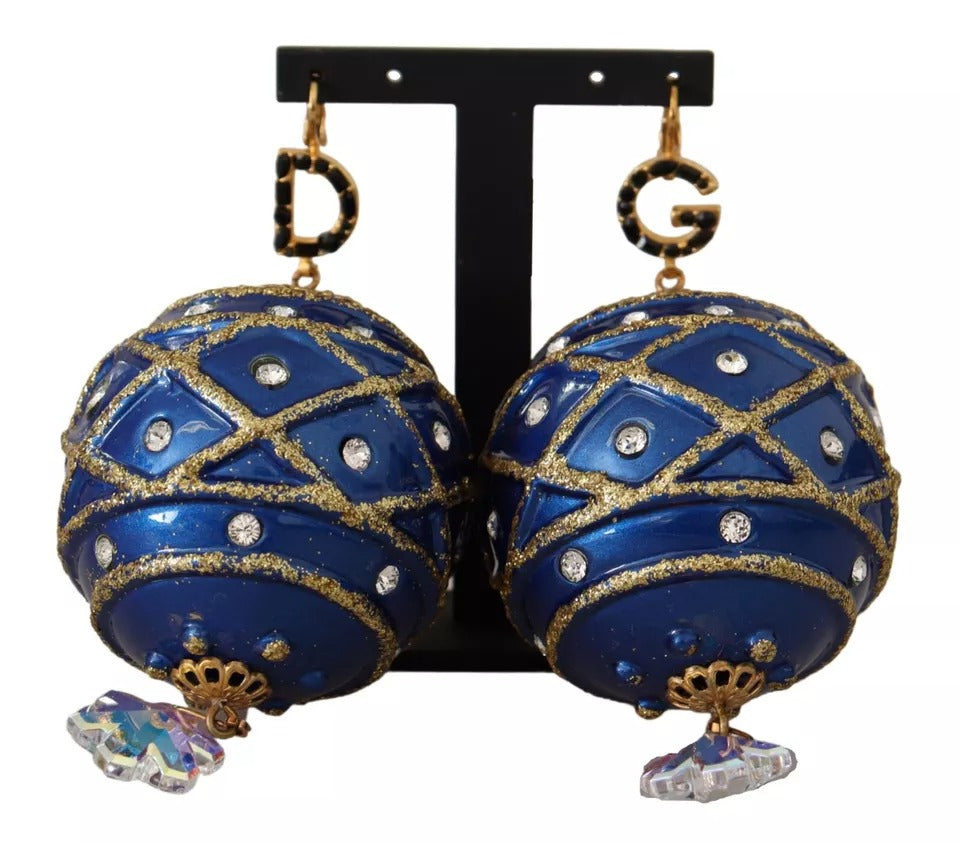Dolce & Gabbana Gold Brass Blue Christmas Ball Crystal Hook Jewelry Earrings -   -  Dolce & Gabbana.