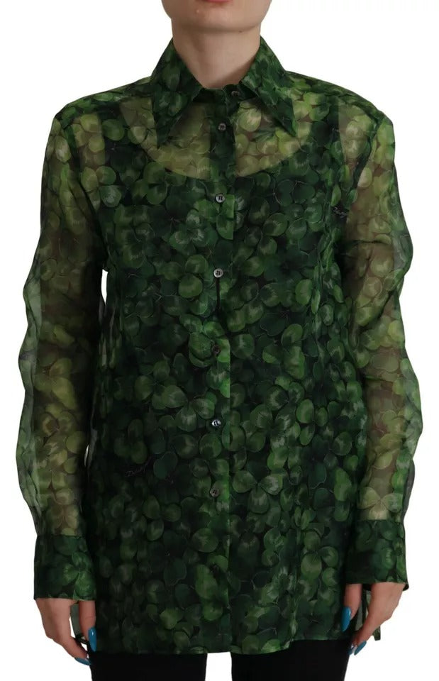 Dolce & Gabbana Green Clover Print Long Sleeves Collared Top Blouse -   -  Dolce & Gabbana.