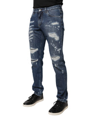 Dolce & Gabbana Blue Cotton Tattered Skinny Denim Jeans -   -  Dolce & Gabbana.