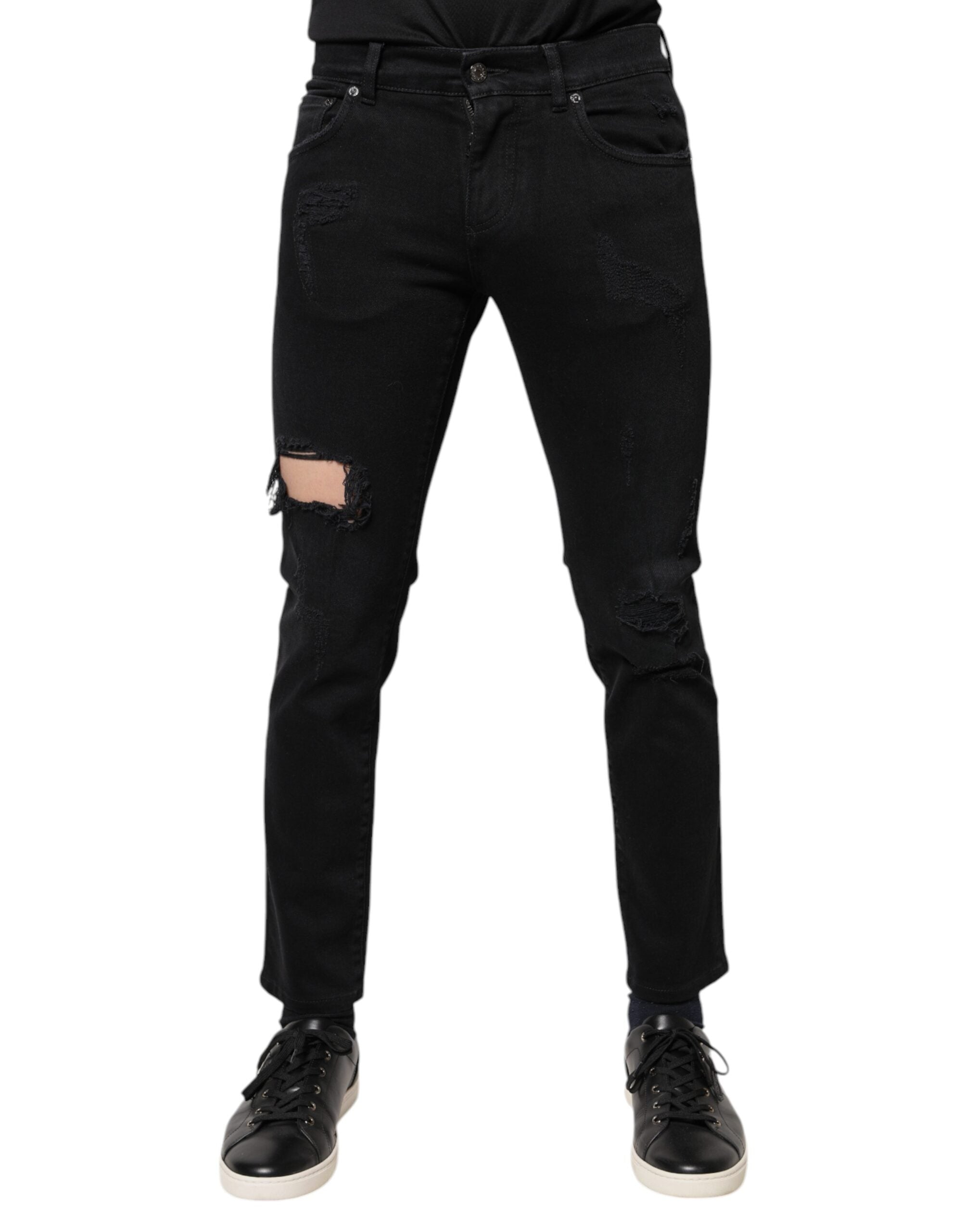Dolce & Gabbana Black Cotton Tattered Skinny Denim Logo Jeans -   -  Dolce & Gabbana. Dolce & Gabbana Black Cotton Tattered Skinny Denim Logo Jeans -   -  Dolce & Gabbana.