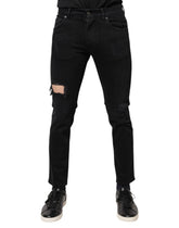 Dolce & Gabbana Black Cotton Tattered Skinny Denim Logo Jeans -   -  Dolce & Gabbana.