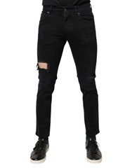 Dolce & Gabbana Black Cotton Tattered Skinny Denim Logo Jeans -   -  Dolce & Gabbana.