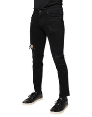 Dolce & Gabbana Black Cotton Tattered Skinny Denim Logo Jeans -   -  Dolce & Gabbana.