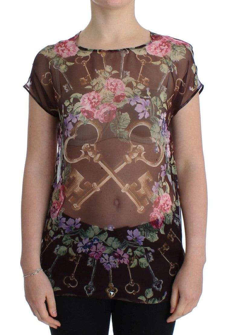 Dolce & Gabbana Black Key Floral Print Silk Blouse T-shirt -   -  Dolce & Gabbana.