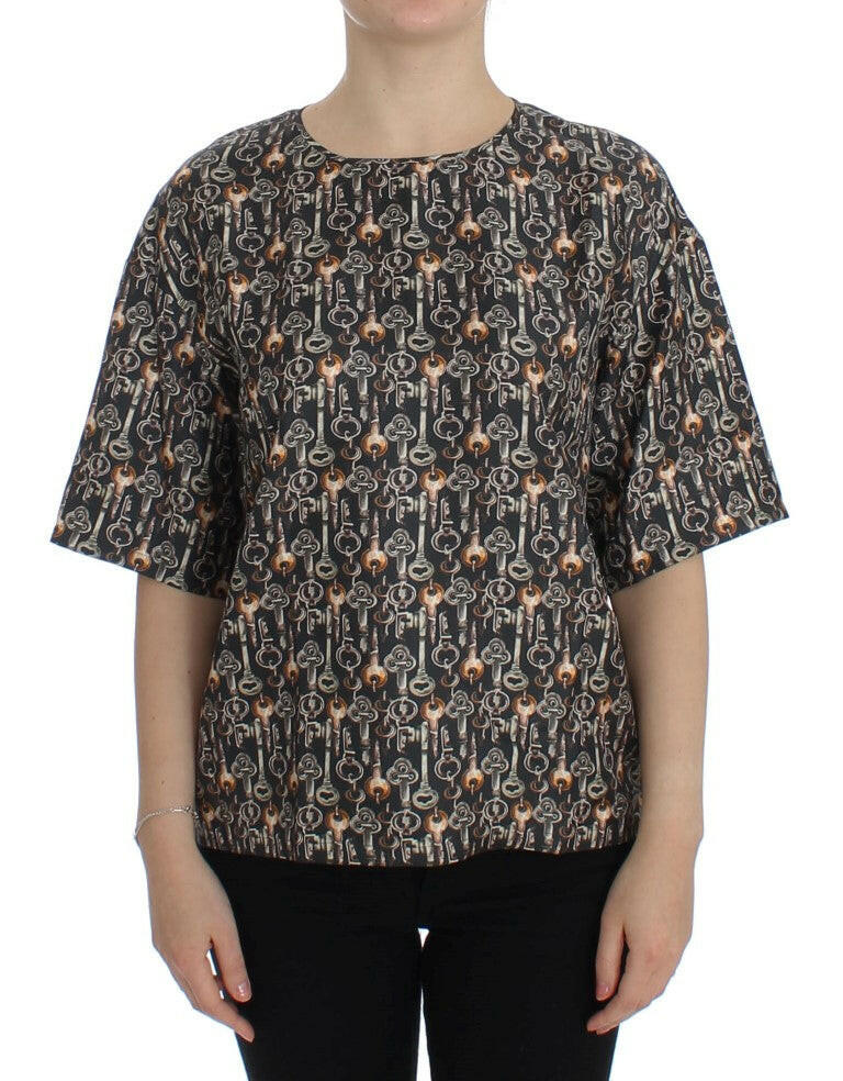 Dolce & Gabbana Gray Gold Key Print Silk Blouse T-shirt -   -  Dolce & Gabbana.
