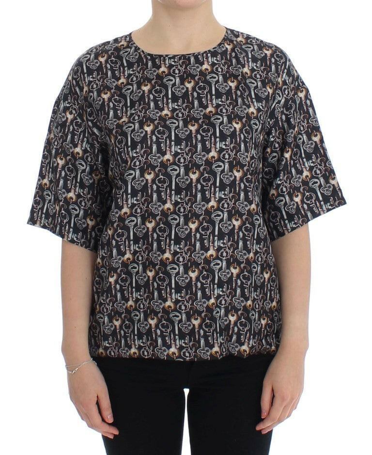 Dolce & Gabbana Gray Gold Key Print Silk Blouse T-shirt -   -  Dolce & Gabbana.