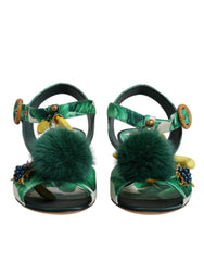 Dolce & Gabbana Green Crystal Fur Embellished Sandals Shoes -   -  Dolce & Gabbana.