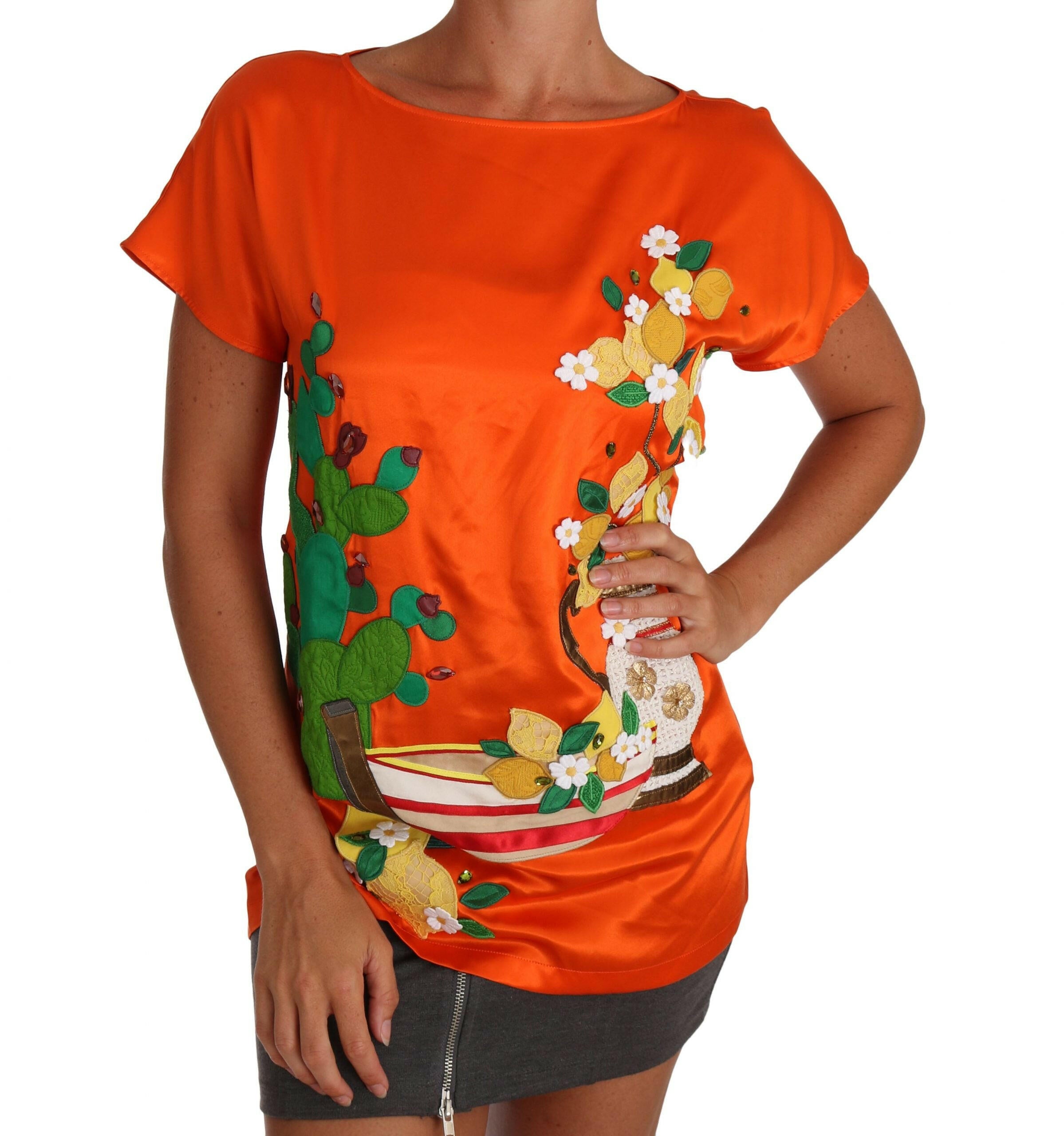 Dolce & Gabbana Silk Orange Lemon Crystal T-shirt Top -   -  Dolce & Gabbana.
