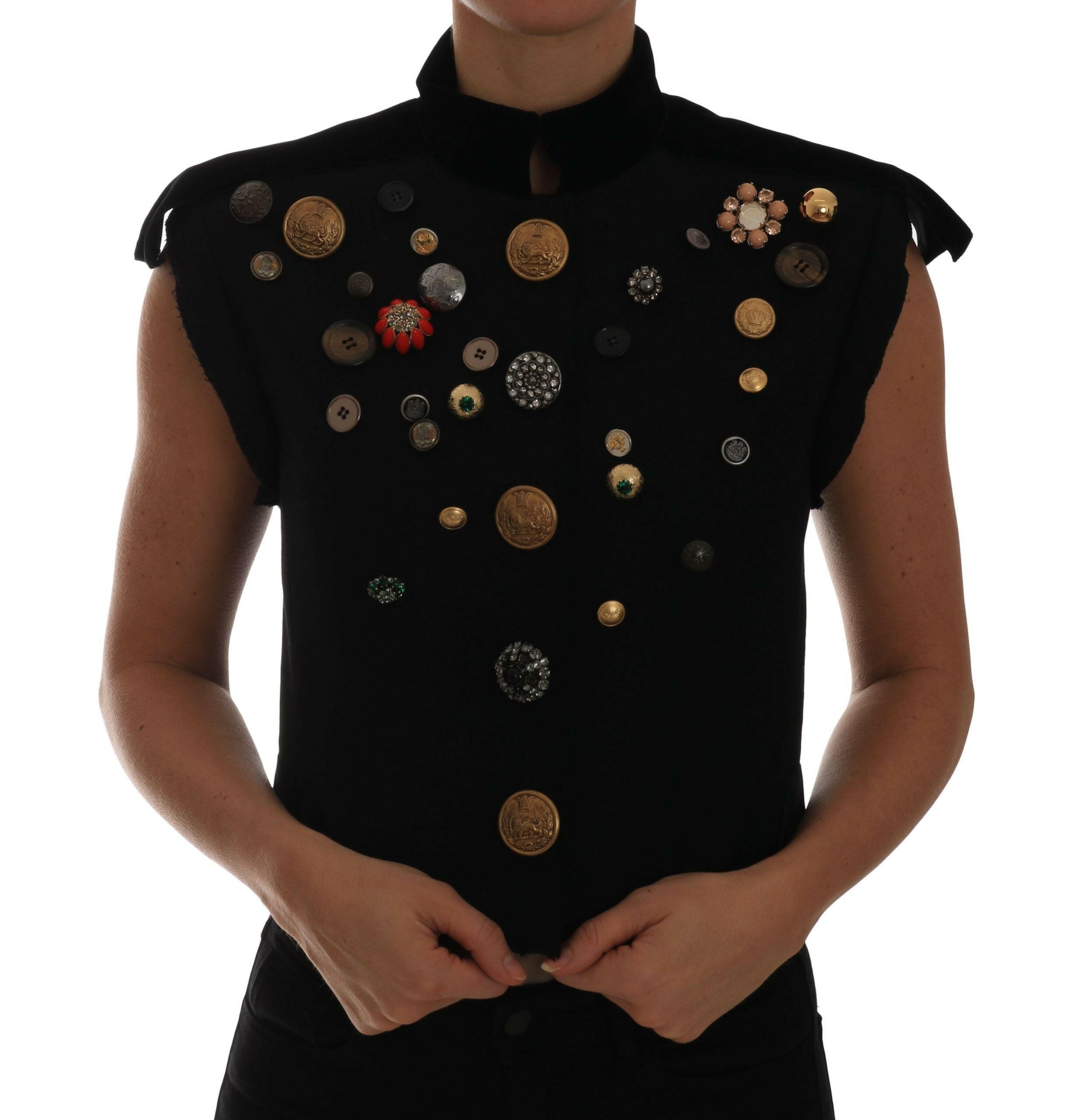 Dolce & Gabbana Black Embellished Floral Military Jacket Vest - - Dolce & Gabbana.