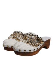 Dolce & Gabbana White Raffia Clogs Bejeweled Chain Sandals Shoes -   -  Dolce & Gabbana.