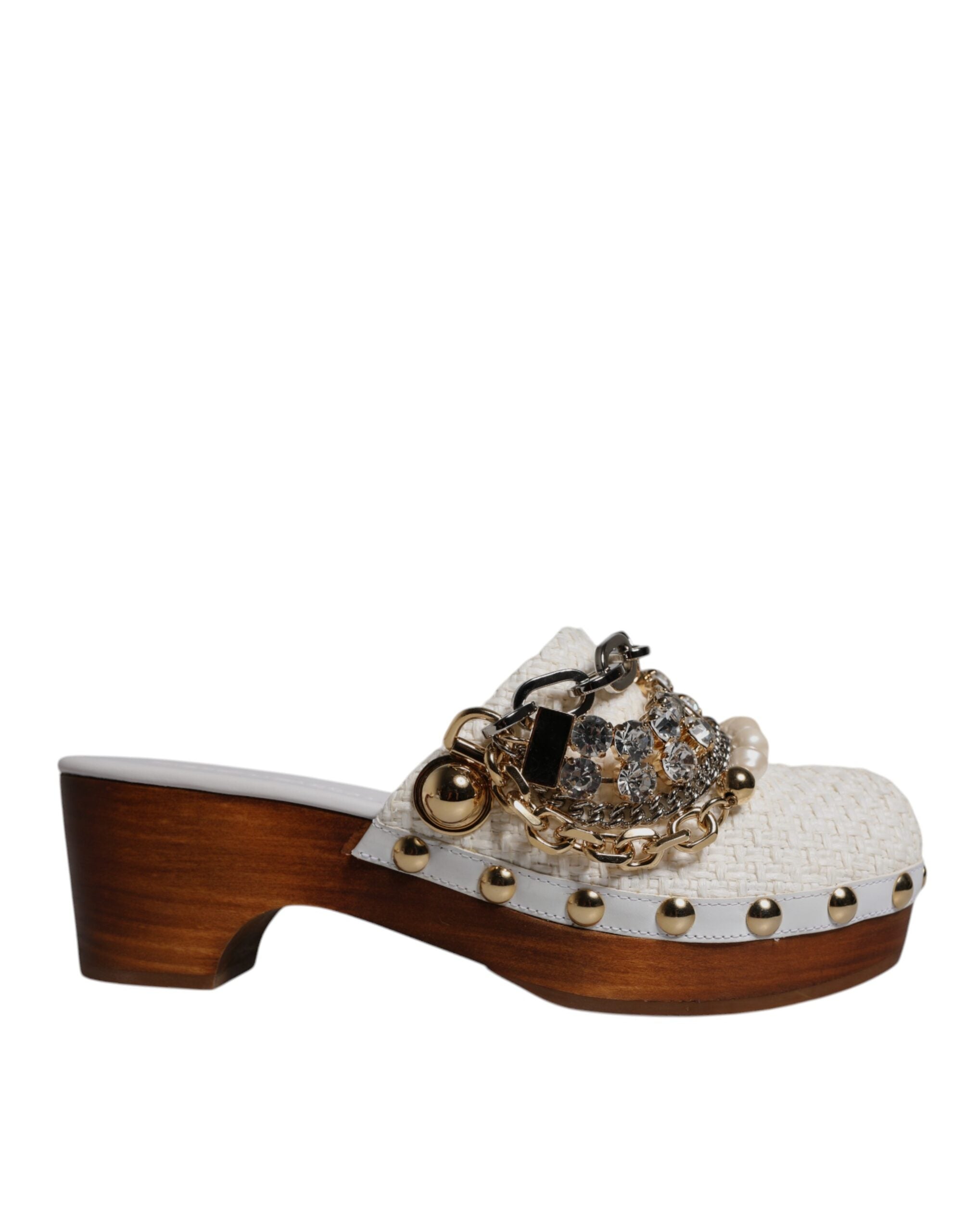 Dolce & Gabbana White Raffia Clogs Bejeweled Chain Sandals Shoes -   -  Dolce & Gabbana.