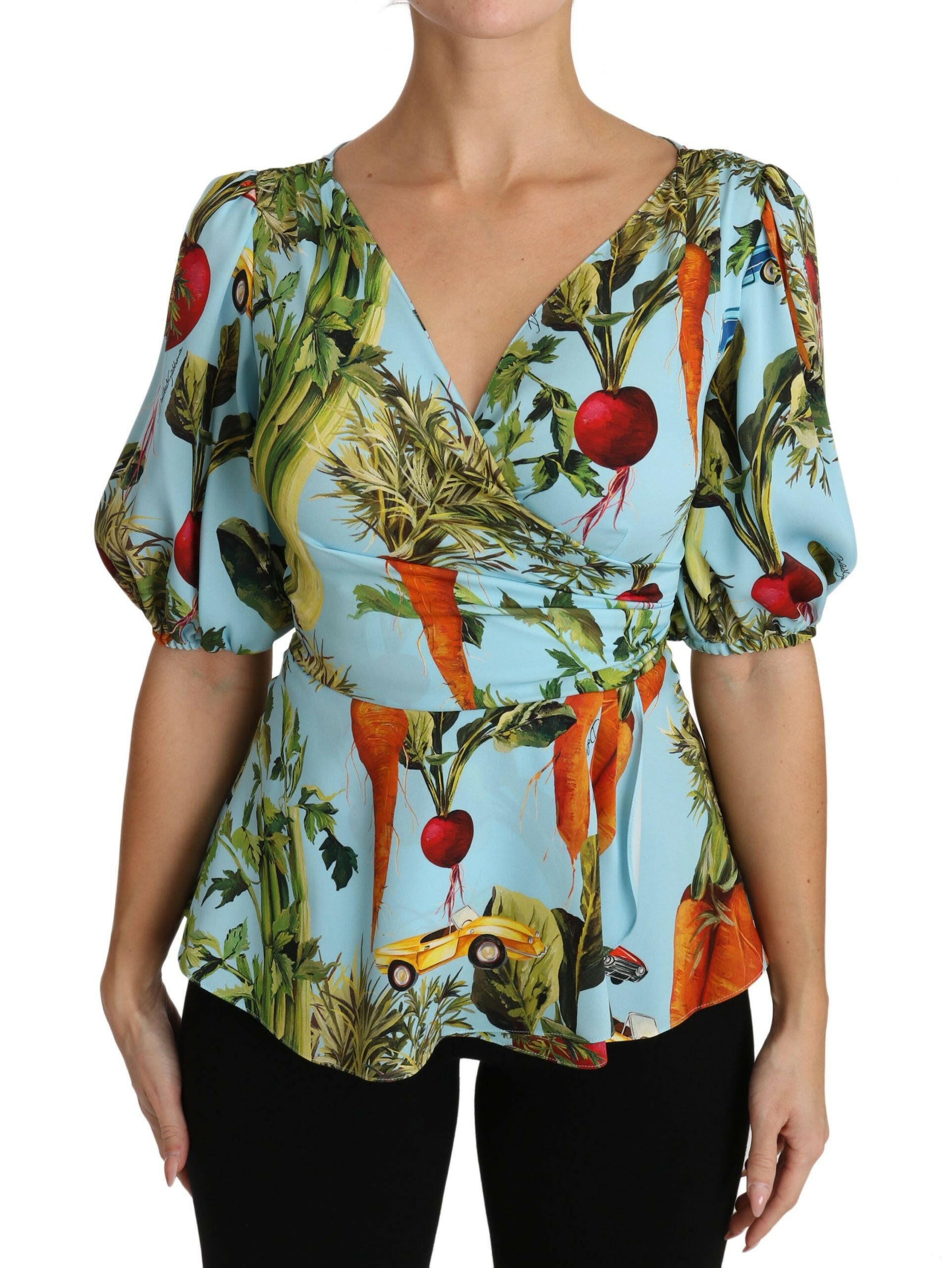 Dolce & Gabbana Multicolor Vegetable Print Silk Top Peplum Wrap Blouse -   -  Dolce & Gabbana.