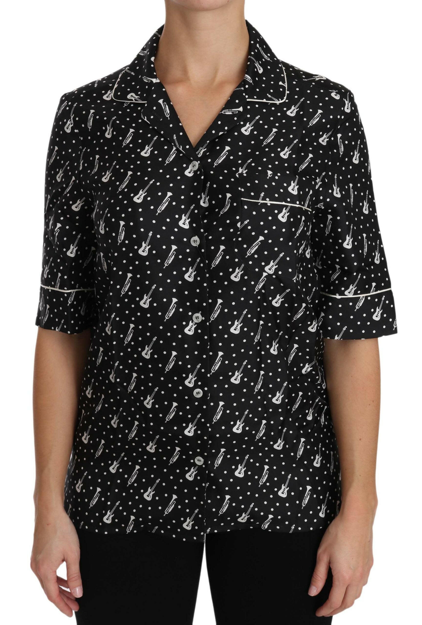 Dolce & Gabbana Black GuitarTrumpet Print Silk Shirt Top -   -  Dolce & Gabbana.