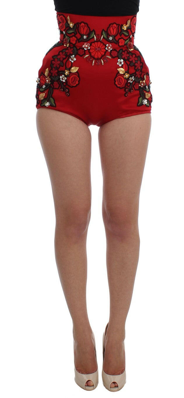 Dolce & Gabbana Red Silk Crystal Roses Shorts -   -  Dolce & Gabbana.