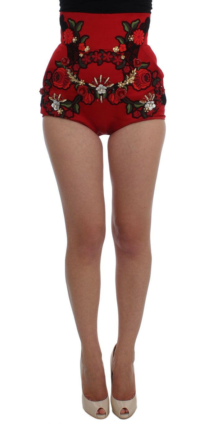 Dolce & Gabbana Red Silk Crystal Roses Shorts -   -  Dolce & Gabbana.