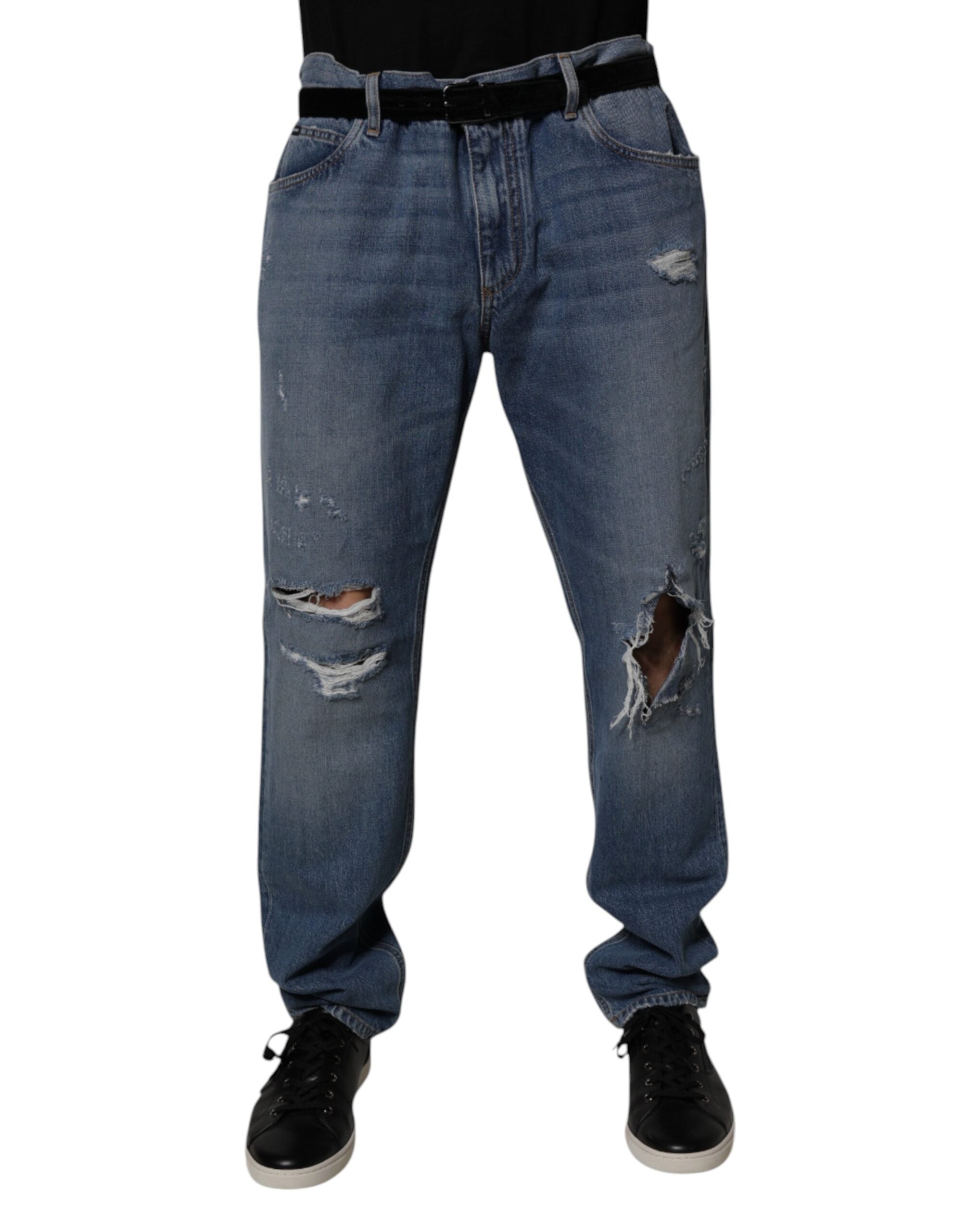Dolce & Gabbana Blue Tattered Cotton Straight Denim Jeans -   -  Dolce & Gabbana. Dolce & Gabbana Blue Tattered Cotton Straight Denim Jeans -   -  Dolce & Gabbana.