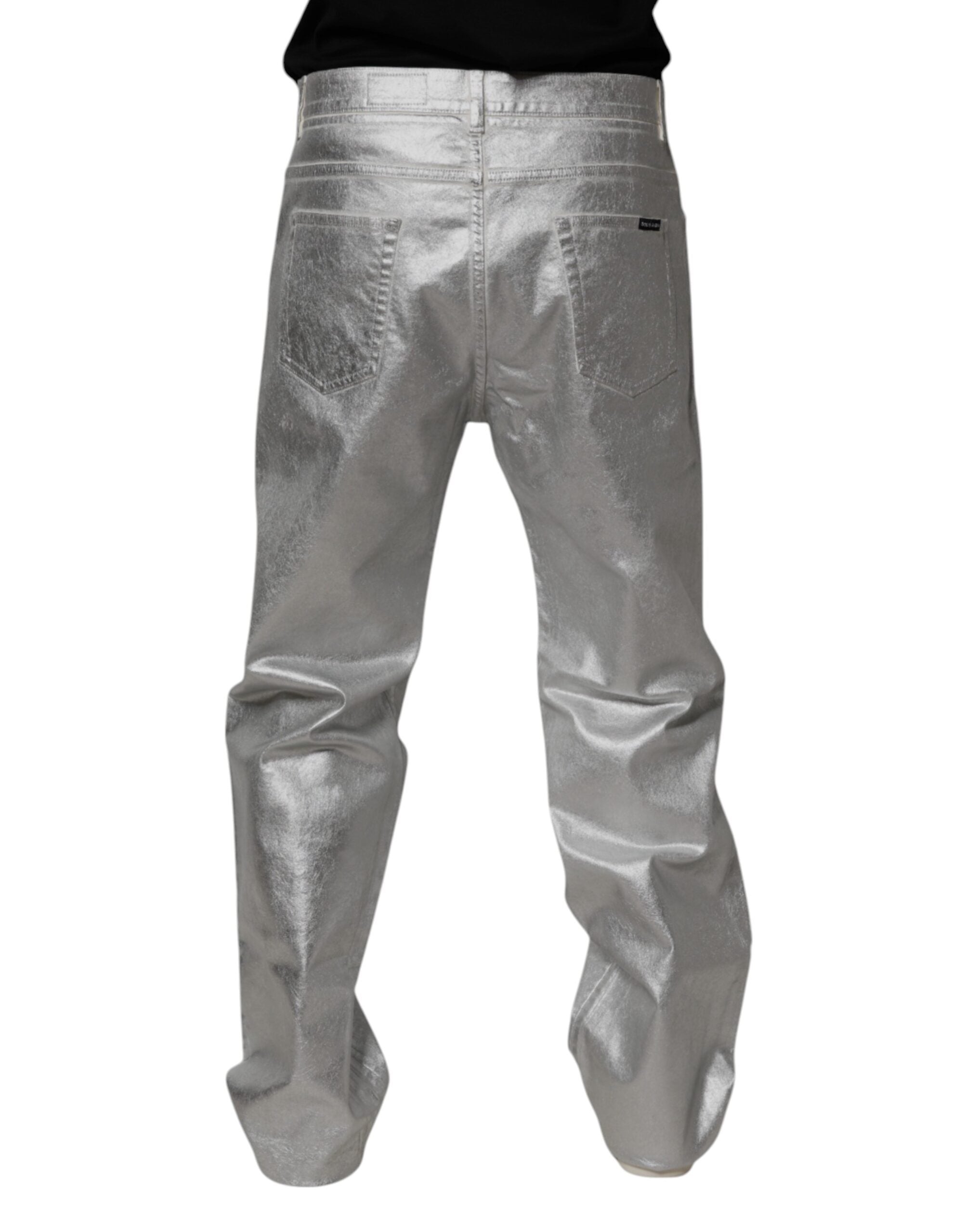 Dolce & Gabbana Metallic Silver Cotton Straight Denim Jeans -   -  Dolce & Gabbana. Dolce & Gabbana Metallic Silver Cotton Straight Denim Jeans -   -  Dolce & Gabbana.