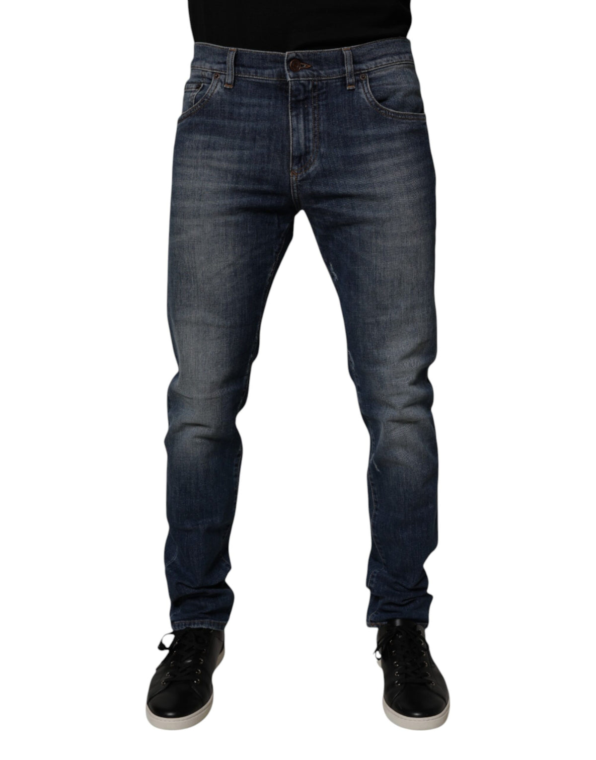 Dolce & Gabbana Dark Blue Cotton Leather Skinny Denim Jeans -   -  Dolce & Gabbana.