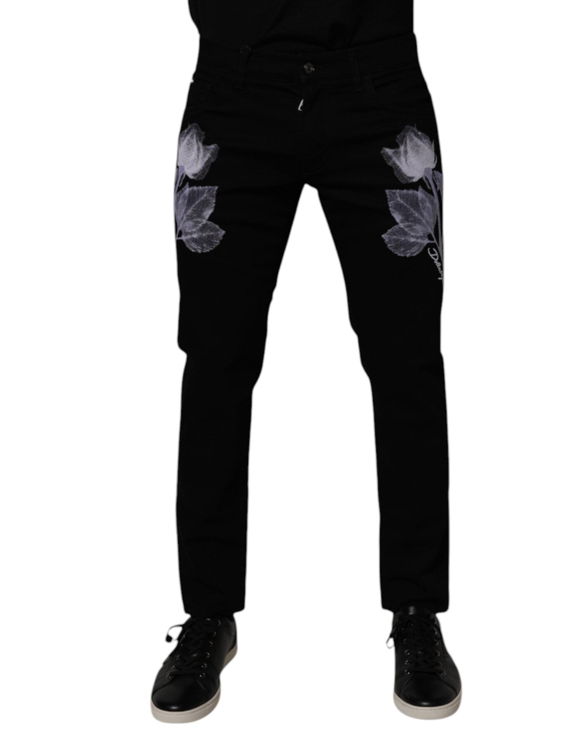Dolce & Gabbana Black Floral Cotton Skinny Men Denim Jeans -   -  Dolce & Gabbana.