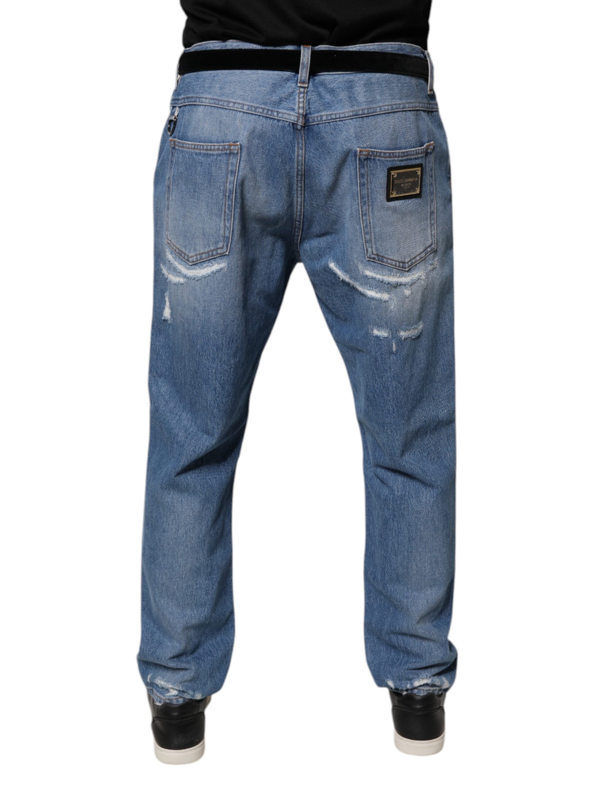 Dolce & Gabbana Blue Tattered Straight Cotton Denim Jeans -   -  Dolce & Gabbana. Dolce & Gabbana Blue Tattered Straight Cotton Denim Jeans -   -  Dolce & Gabbana.