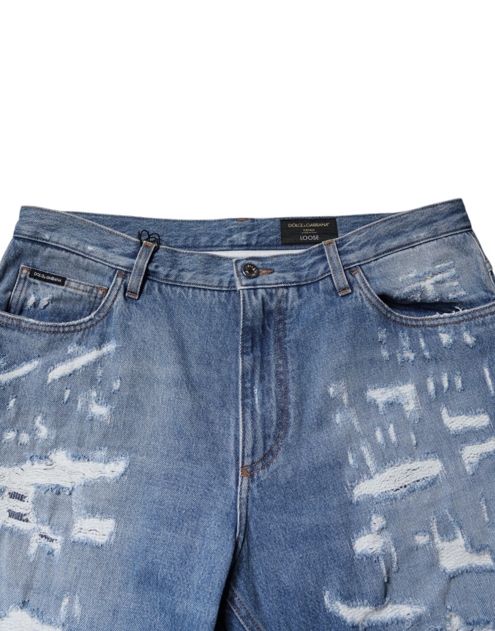 Dolce & Gabbana Blue Tattered Straight Cotton Denim Jeans -   -  Dolce & Gabbana. Dolce & Gabbana Blue Tattered Straight Cotton Denim Jeans -   -  Dolce & Gabbana.