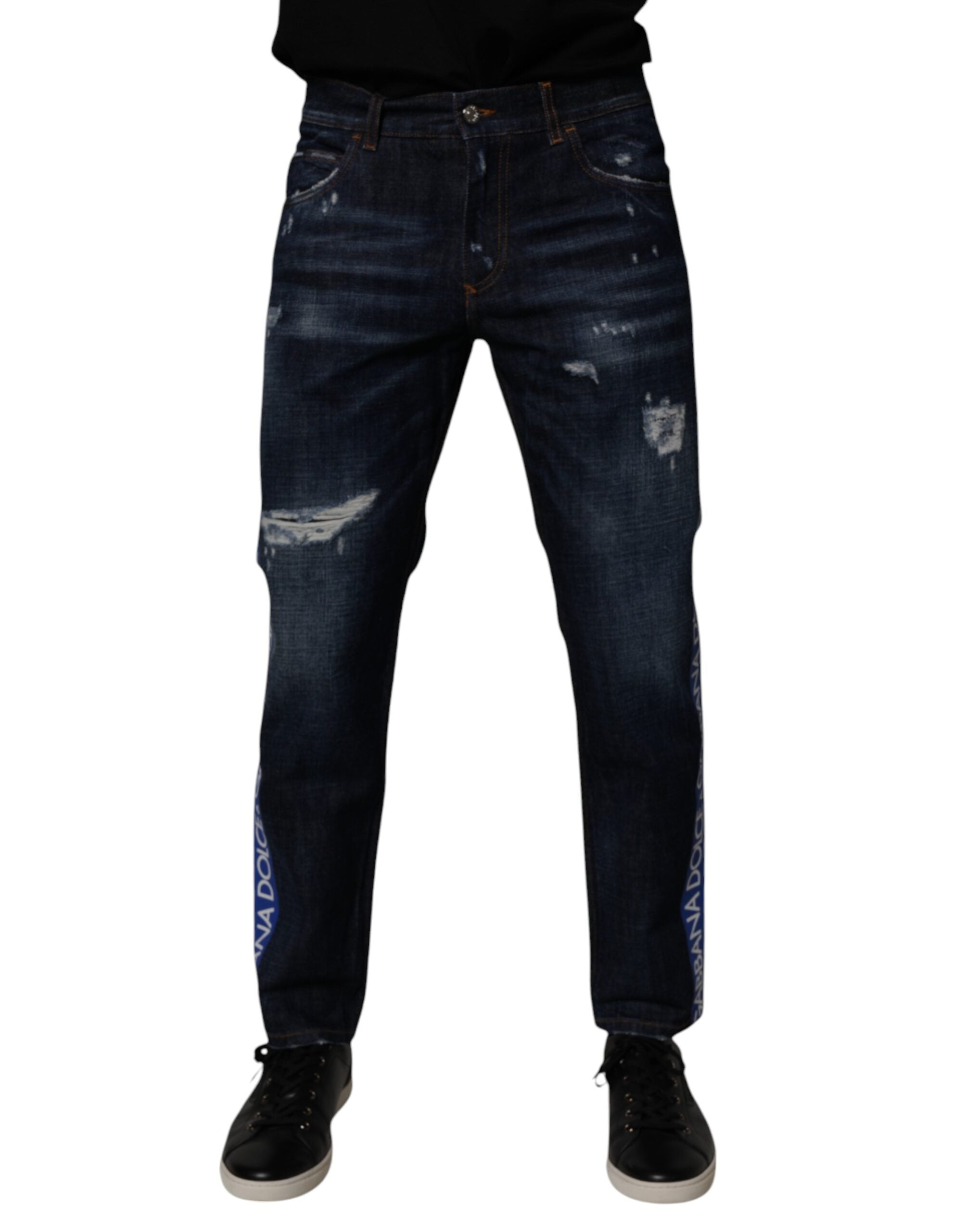 Dolce & Gabbana Dark Blue Cotton Tattered Skinny Denim Jeans -   -  Dolce & Gabbana.