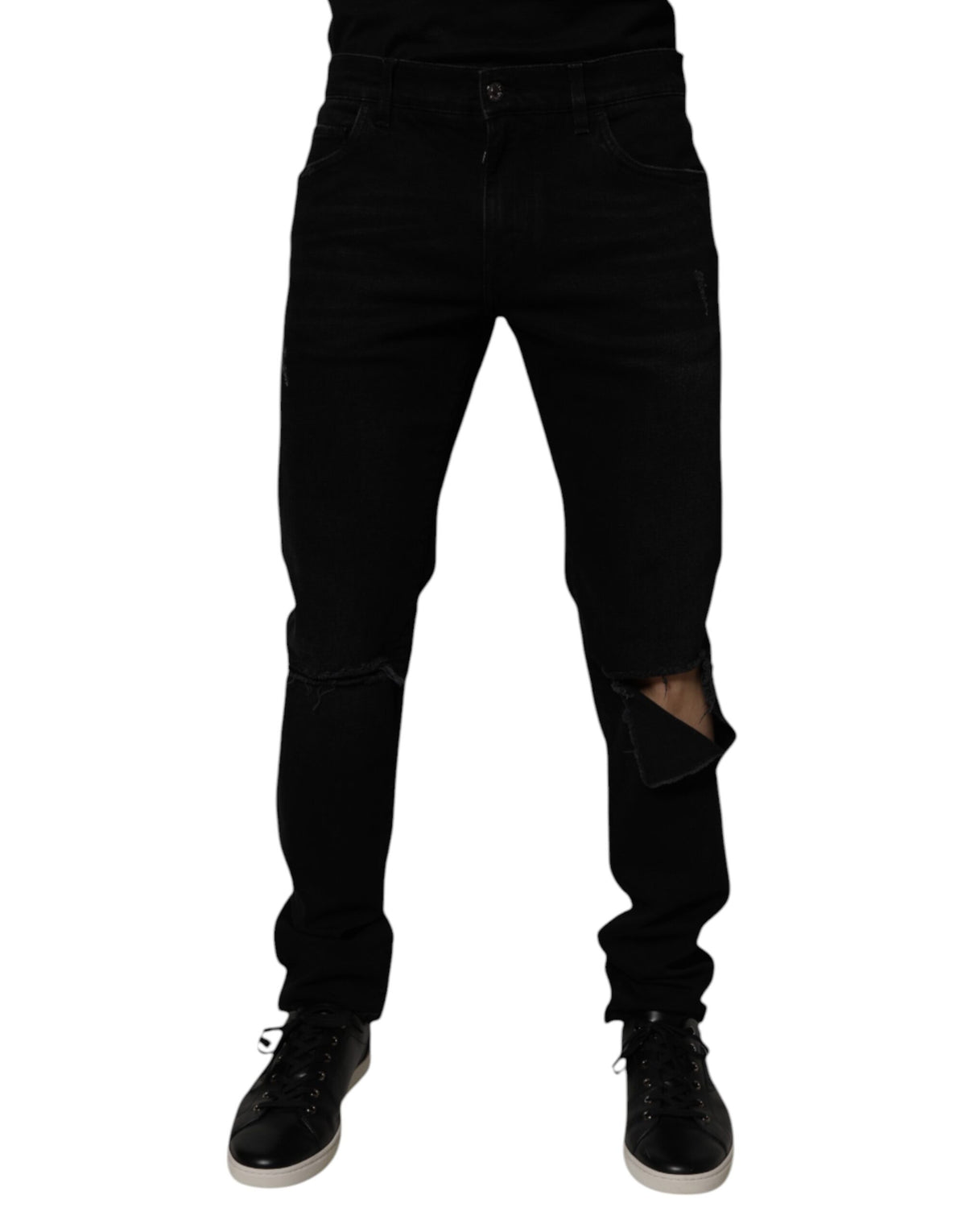 Dolce & Gabbana Black Cotton Tattered Skinny Men Denim Jeans -   -  Dolce & Gabbana.