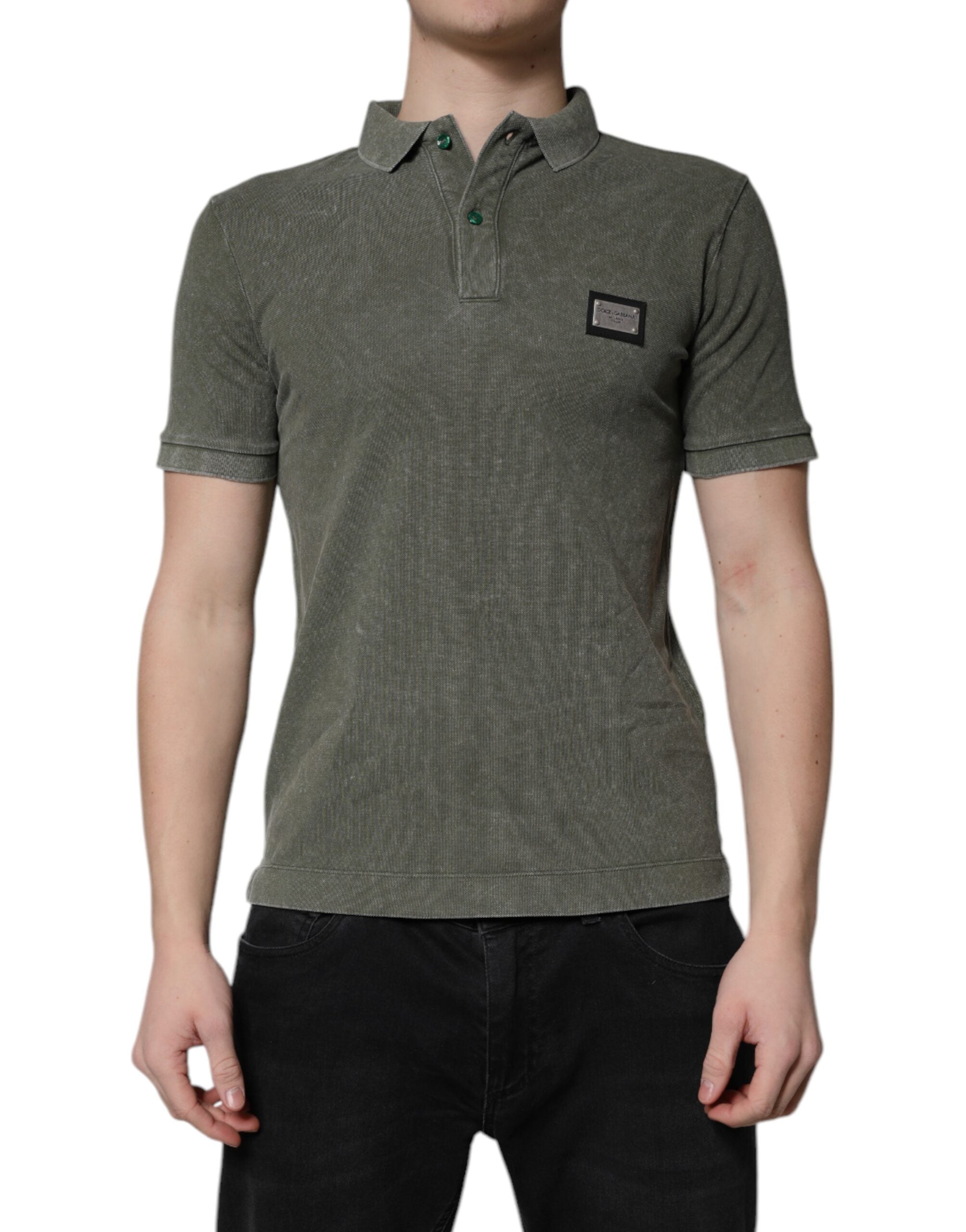 Dolce & Gabbana Army Green Logo Plaque Cotton Polo Shirt T-shirt - - Dolce & Gabbana.