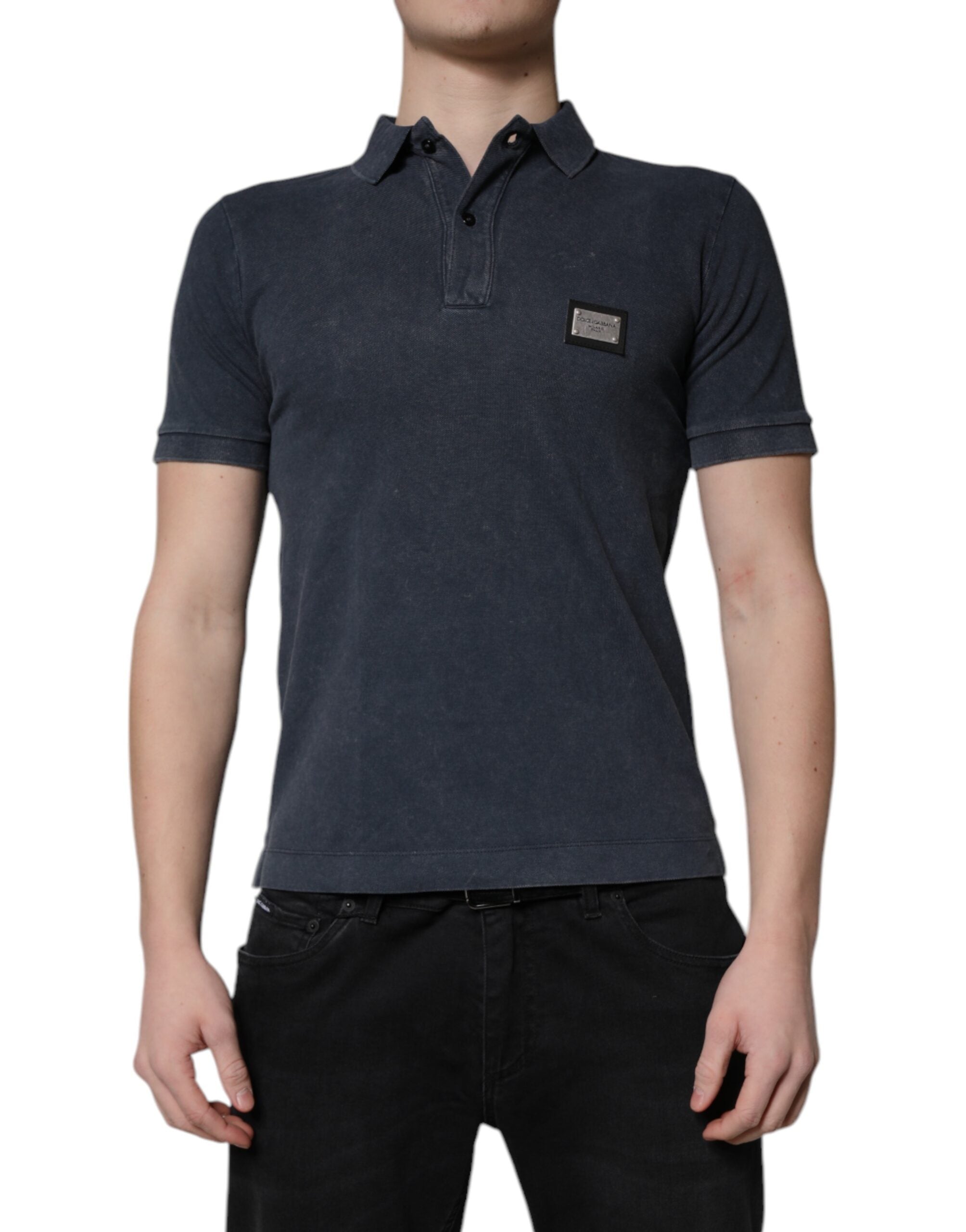 Dolce & Gabbana Dark Blue Logo Plaque Cotton Men Polo Shirt T-shirt - - Dolce & Gabbana.