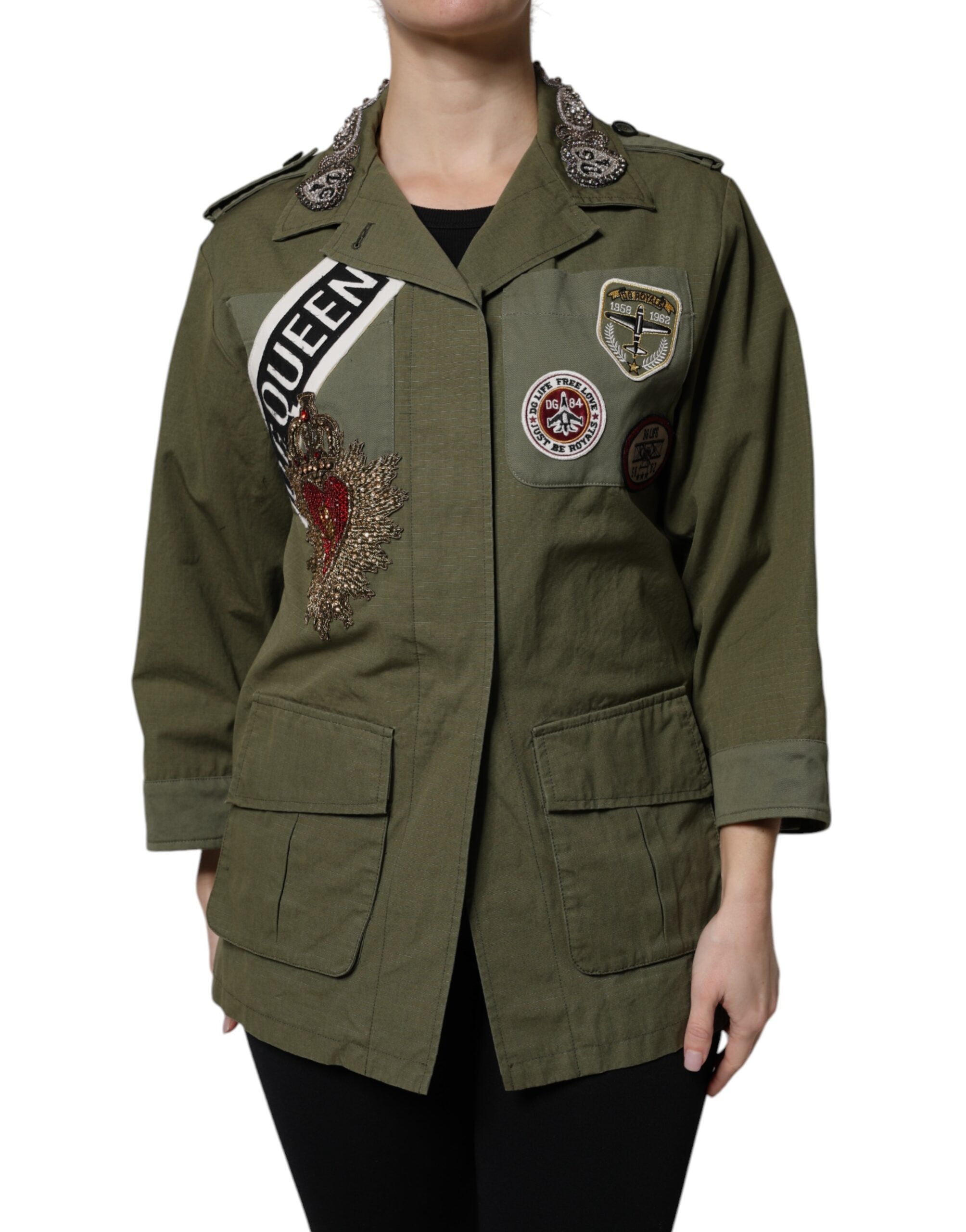 Dolce & Gabbana Military Green Queen Embellished Coat Jacket - - Dolce & Gabbana.