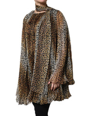 Dolce & Gabbana Brown Leopard Print Scarf Collared Chiffon Dress - - Dolce & Gabbana.