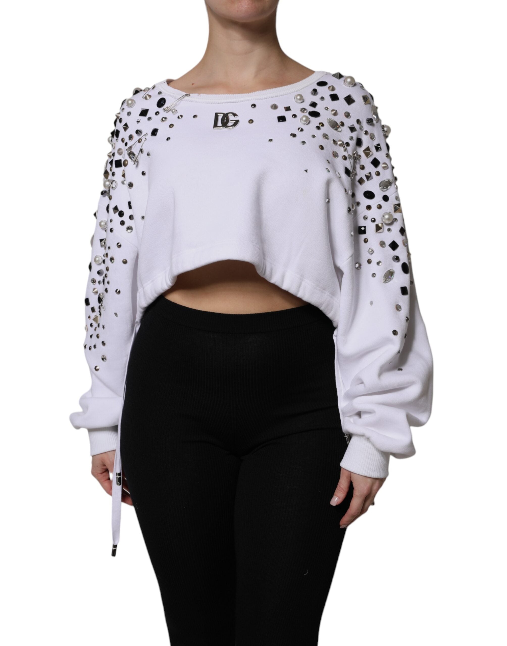 Dolce & Gabbana White Embellished Long Sleeve Cropped Sweater -   -  Dolce & Gabbana.