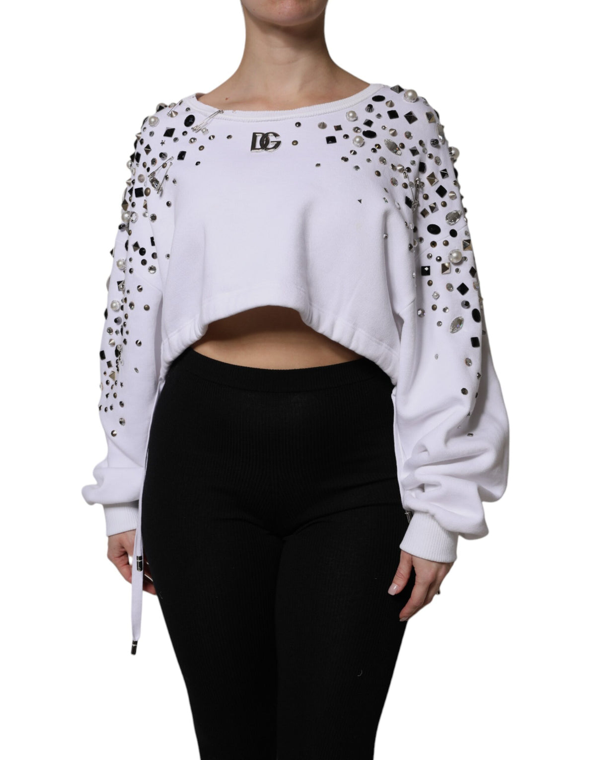 Dolce & Gabbana White Embellished Long Sleeve Cropped Sweater -   -  Dolce & Gabbana.