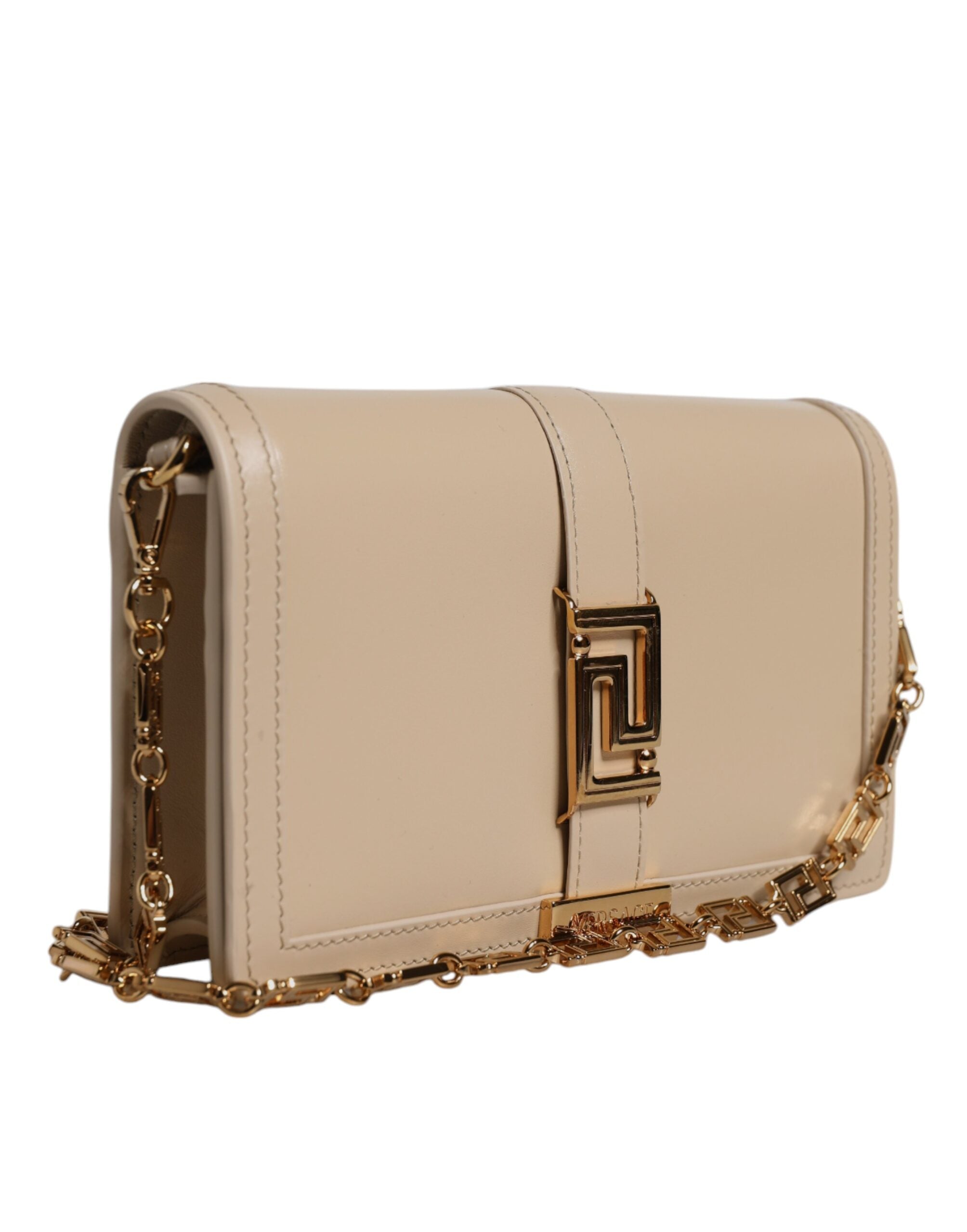 Versace Beige Gold Chain Calf Leather Wallet Crossbody Bag -   -  Versace. Versace Beige Gold Chain Calf Leather Wallet Crossbody Bag -   -  Versace.