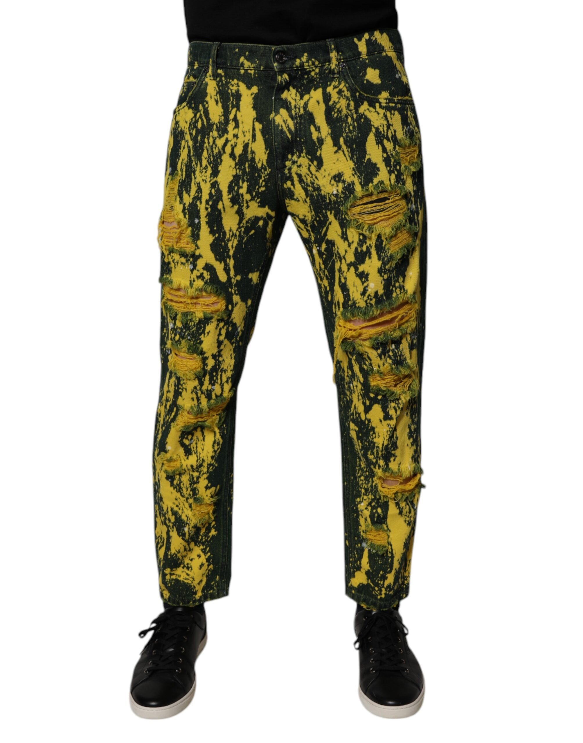 Dolce & Gabbana Black Yellow Tie Dye Tattered Skinny Men Denim Jeans - - Dolce & Gabbana.