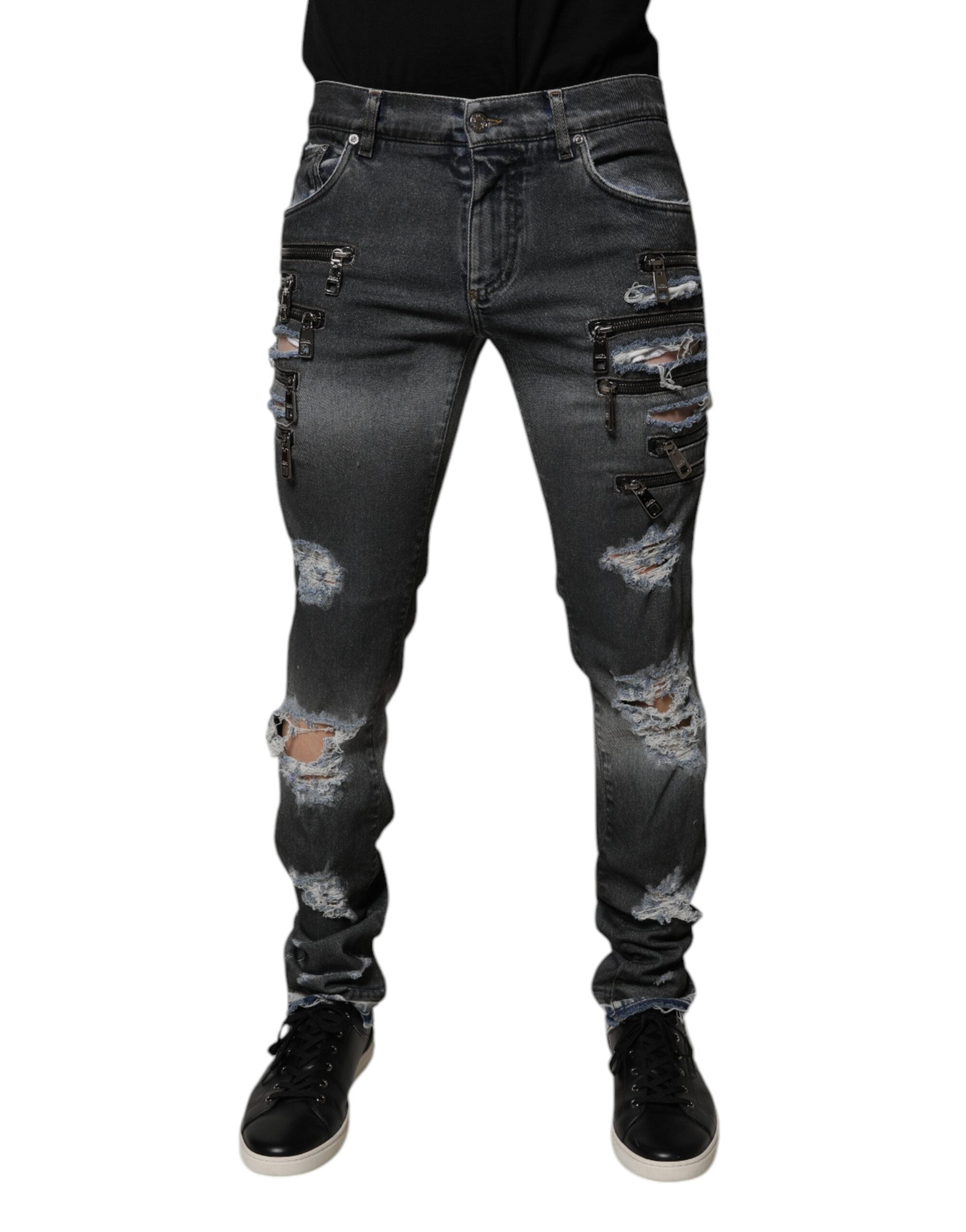 Dolce & Gabbana Dark Gray Tattered Cotton Skinny Denim Jeans - - Dolce & Gabbana.