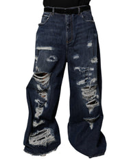Dolce & Gabbana Dark Blue Tattered Wide Leg Men Denim Jeans - - Dolce & Gabbana.