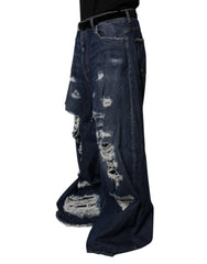Dolce & Gabbana Dark Blue Tattered Wide Leg Men Denim Jeans - - Dolce & Gabbana.
