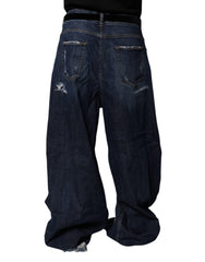 Dolce & Gabbana Dark Blue Tattered Wide Leg Men Denim Jeans - - Dolce & Gabbana.