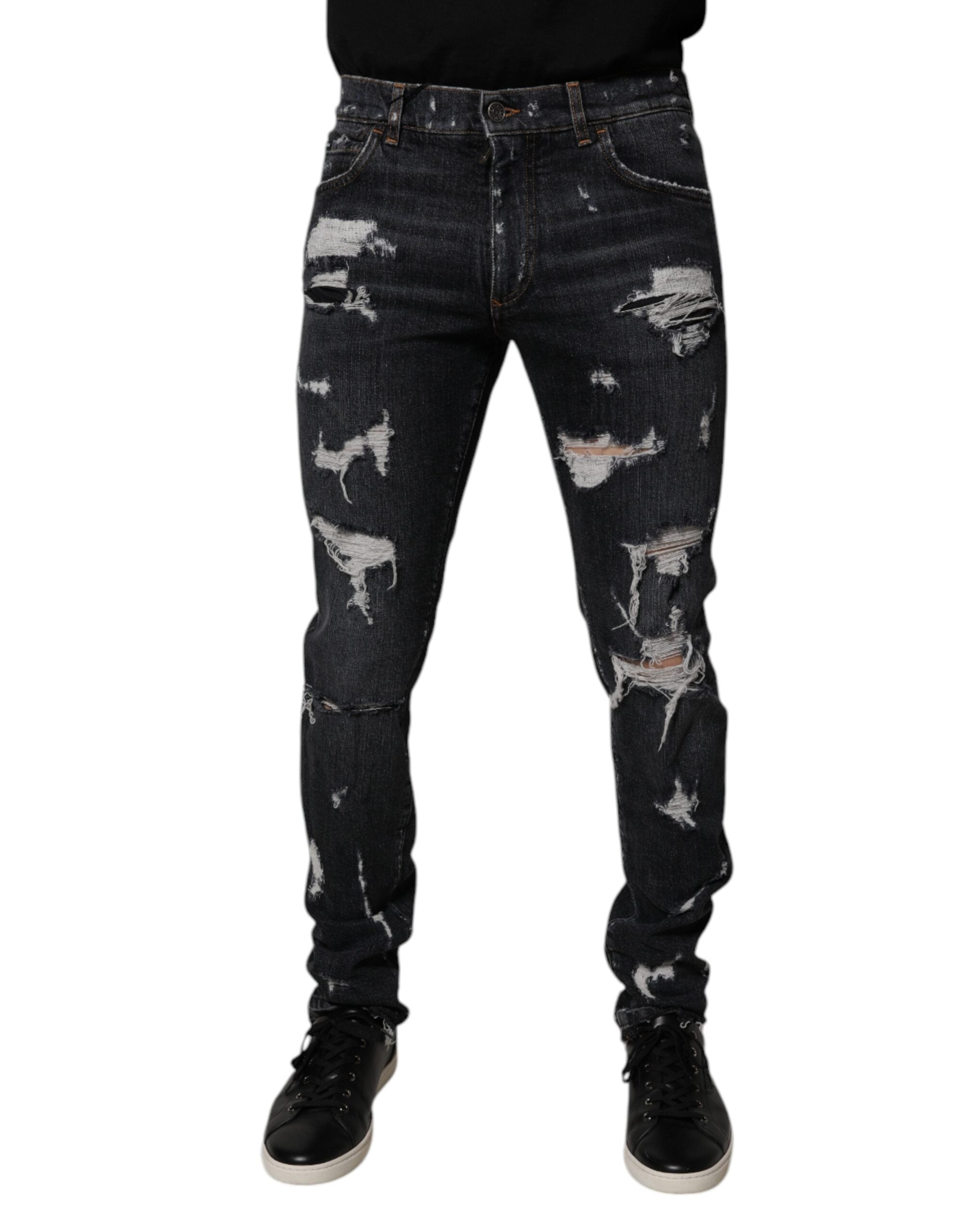 Dolce & Gabbana Black Tattered Cotton Skinny Men Denim Jeans - - Dolce & Gabbana.