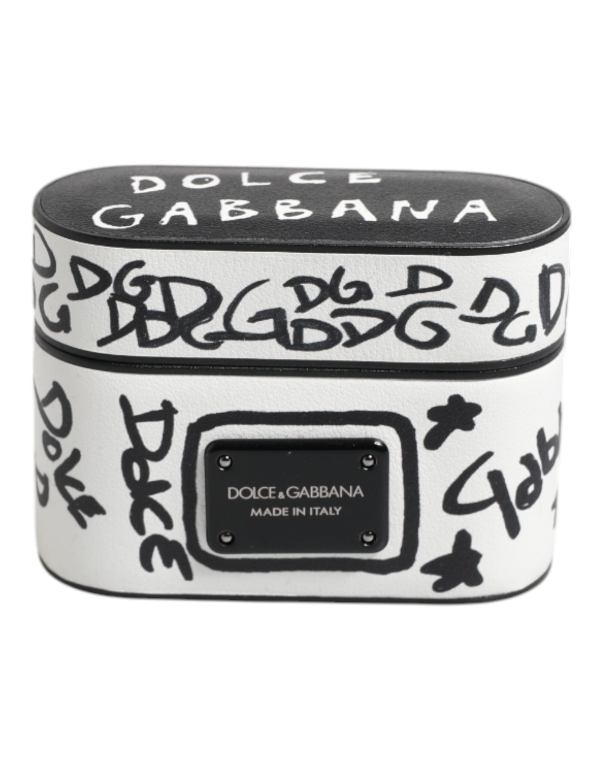 Dolce & Gabbana Black White Leather Scribble Embossed Logo Airpods Case -   -  Dolce & Gabbana.